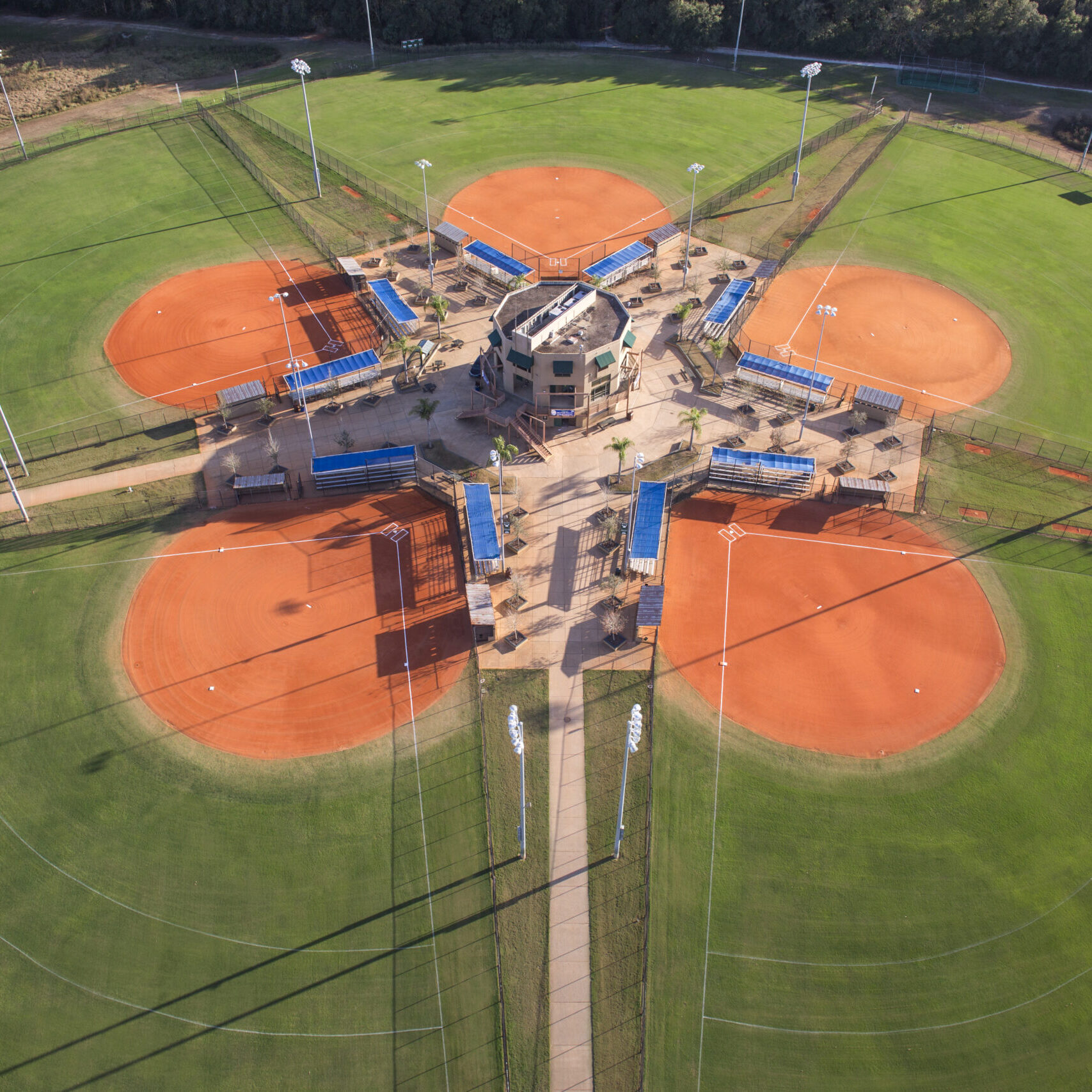 Baseball fields arranged around central structure